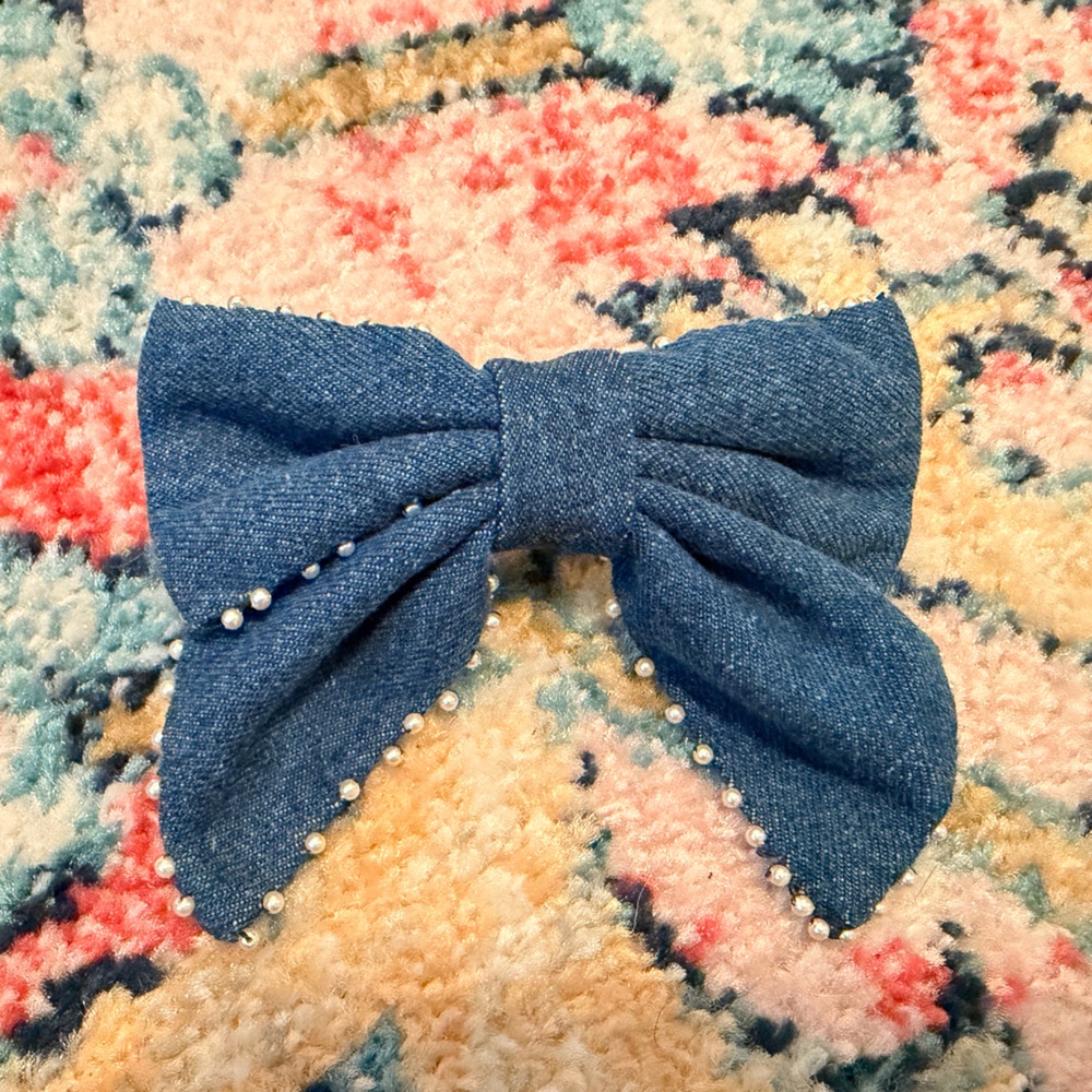 J. Crew Denim Blue Bow with Pearl Accents